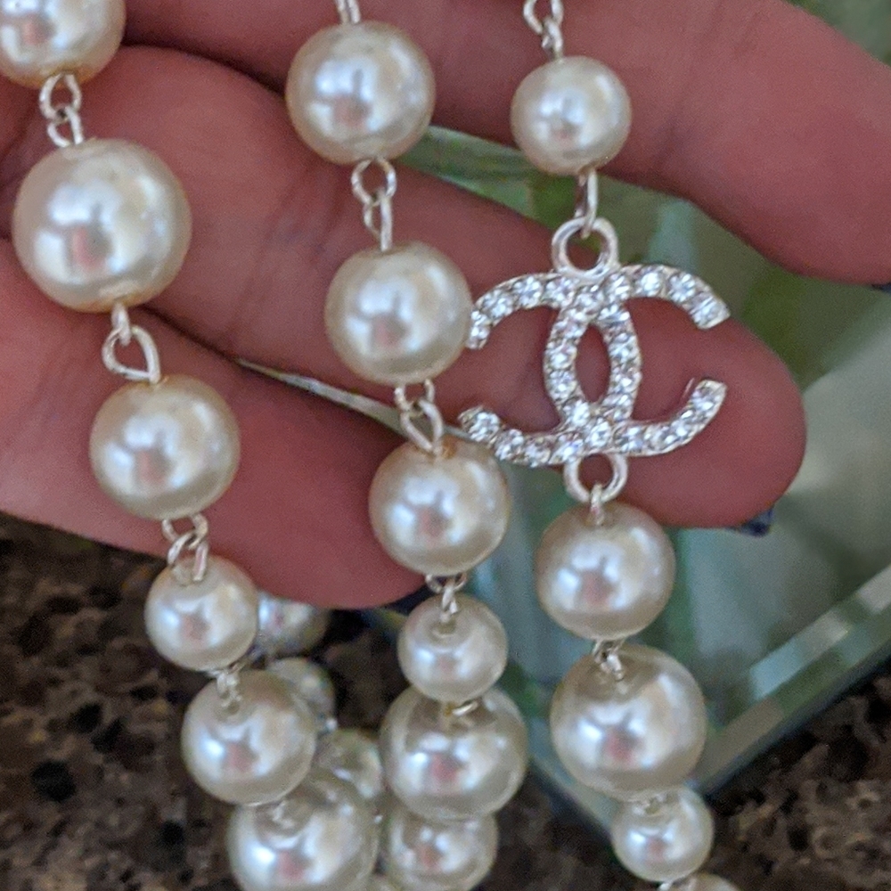 Chanel long necklace with rhinestones CC